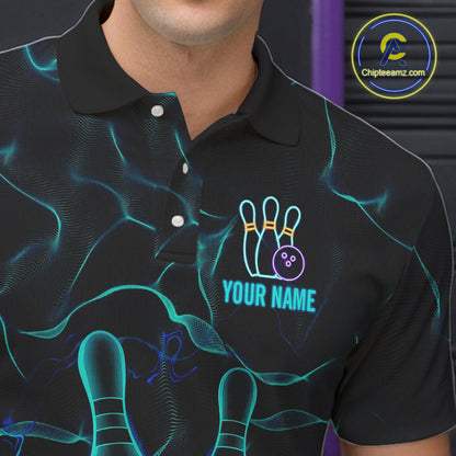 Cyan Blue Flame Bowling Polo, Quarter Zip shirts For Men custom bowling team jerseys Bowler Outfits NQS10153