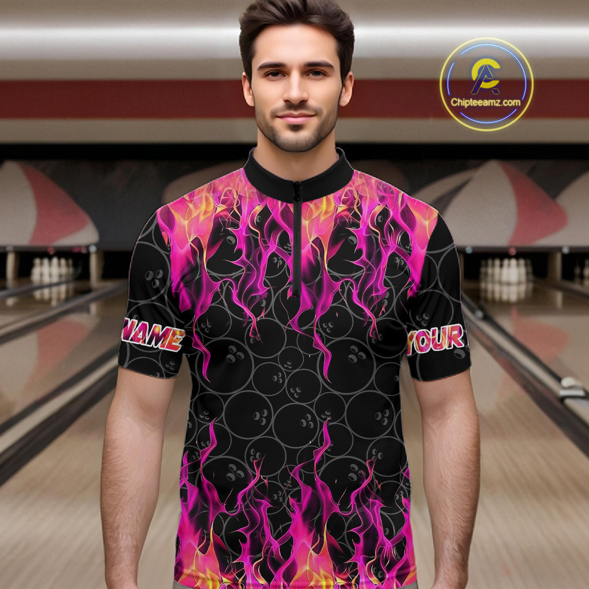 Black and Pink Flame camo Men bowling shirts Custom Flame Bowling Shirt Team Bowling Jersey NQS8304
