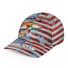 Load image into Gallery viewer, American flag patriot Redfish Fishing Baseball Angler Hat Cap, Personalized Red Drum Fishing Gifts NQS8297