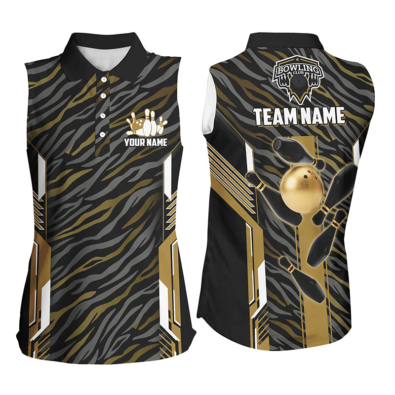Black And Gold zebra pattern Bowling Sleeveless Polo Shirts, Personalized Bowling Team Jerseys NQS8300