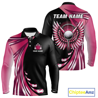 Black and Pink Bowling Ball and Pins wings Bowling Shirts for Men Custom Team Bowling Jerseys NQS10489