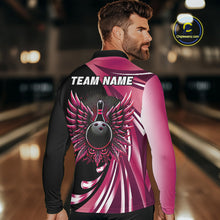 Load image into Gallery viewer, Black and Pink Bowling Ball and Pins wings Bowling Shirts for Men Custom Team Bowling Jerseys NQS10489
