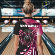 Load image into Gallery viewer, Black and Pink Bowling Ball and Pins wings Bowling Shirts for Women Custom Team Bowling Jerseys NQS10489