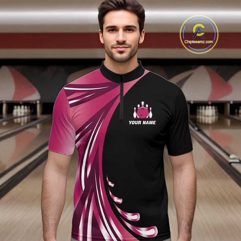Black and Pink Bowling Ball and Pins wings Bowling Shirts for Men Custom Team Bowling Jerseys NQS10489