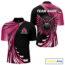 Load image into Gallery viewer, Black and Pink Bowling Ball and Pins wings Bowling Shirts for Men Custom Team Bowling Jerseys NQS10489