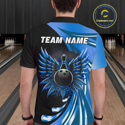 Black and Blue Bowling Ball and Pins wings Bowling Shirts for Men Custom Team Bowling Jerseys NQS10490