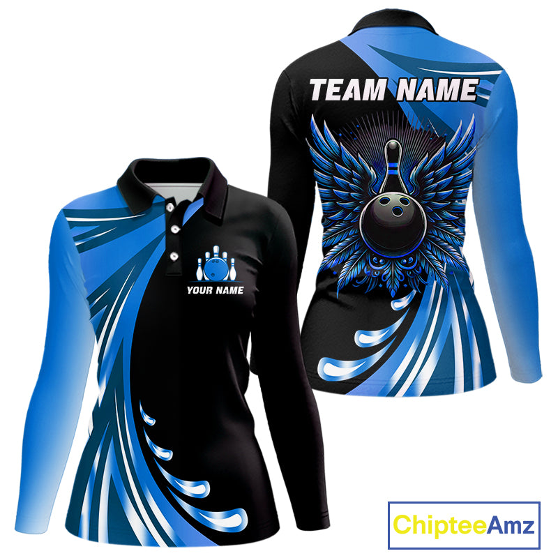 Black and Blue Bowling Ball and Pins wings Bowling Shirts for Women Custom Team Bowling Jerseys NQS10490