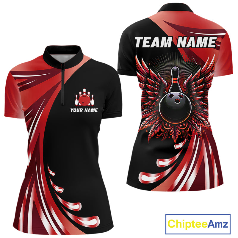 Black and Red Bowling Ball and Pins wings Bowling Shirts for Women Custom Team Bowling Jerseys NQS10491