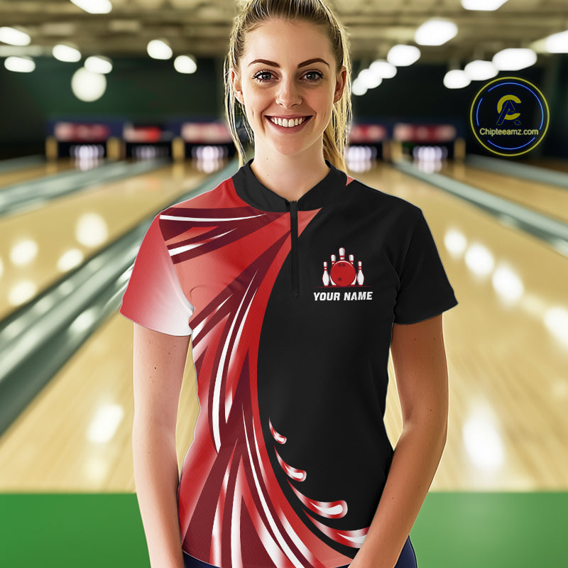 Black and Red Bowling Ball and Pins wings Bowling Shirts for Women Custom Team Bowling Jerseys NQS10491