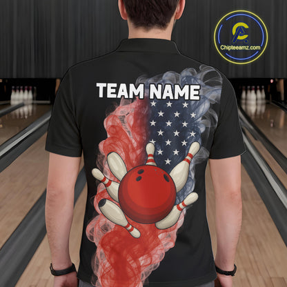 Custom Smoke American Flag Black Bowling Shirts for Men Personalized Patriotic Team Bowling Jerseys NQS10496