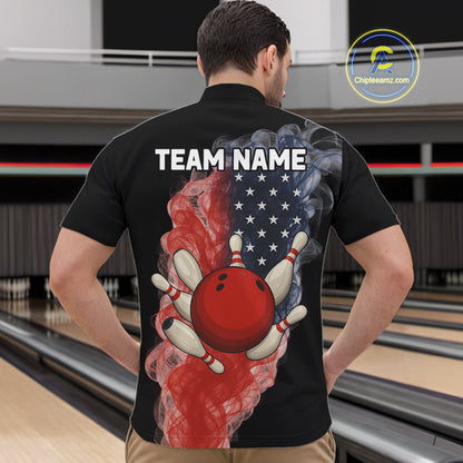 Custom Smoke American Flag Black Bowling Shirts for Men Personalized Patriotic Team Bowling Jerseys NQS10496
