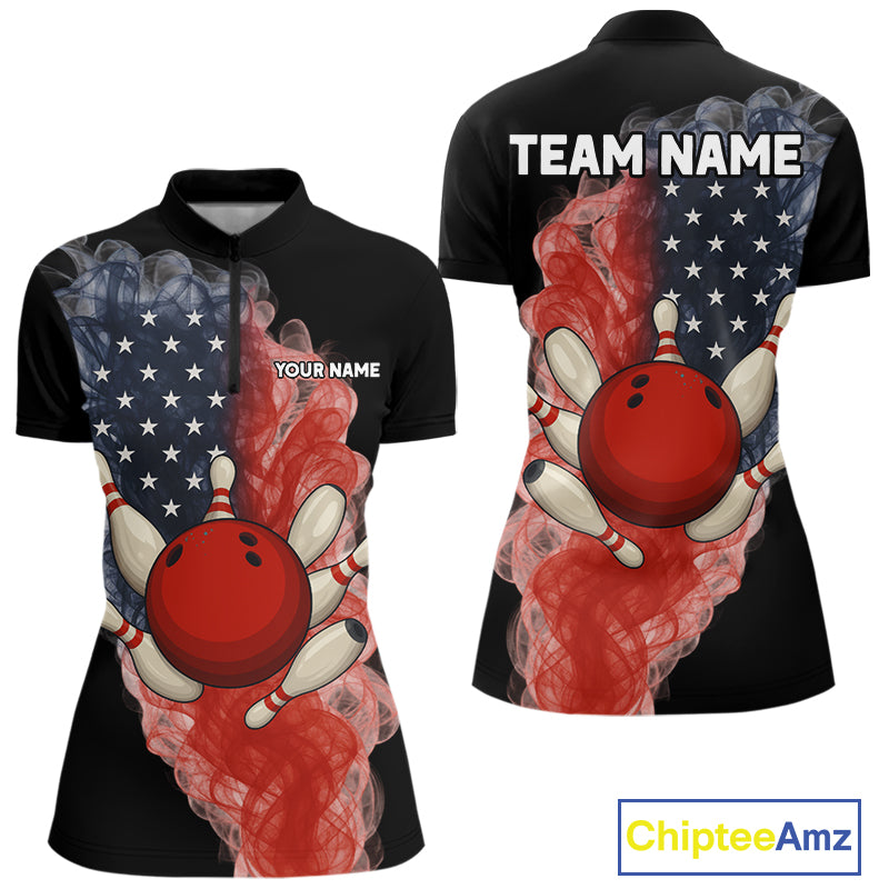 Custom Smoke American Flag Black Bowling Shirts for Women Personalized Patriotic Team Bowling Jerseys NQS10496
