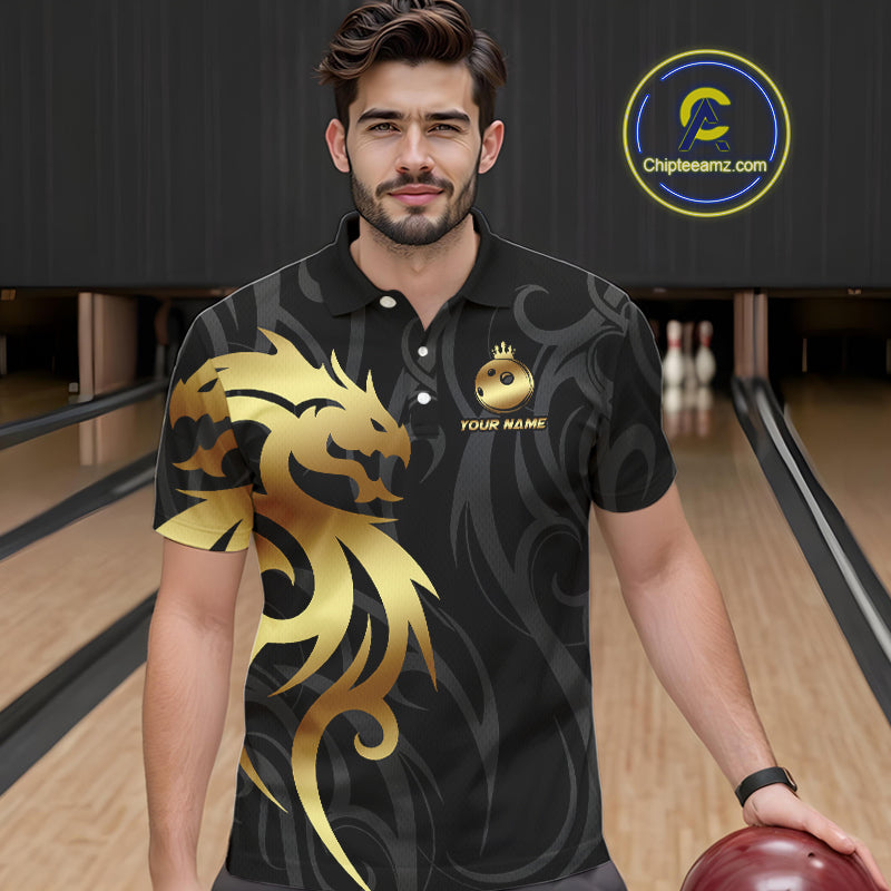 Black and Gold Dragon tribal crown Bowling ball Shirts for Men Custom Bowling Team League Jerseys NQS10903