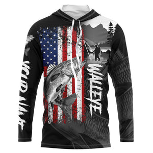 American Flag Walleye Fishing Custom long sleeve performance Fishing Shirts, Walleye fishing jerseys NQS8979