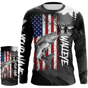 American Flag Walleye Fishing Custom long sleeve performance Fishing Shirts, Walleye fishing jerseys NQS8979