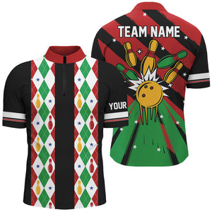 Christmas argyle pattern Bowling Polo, Quarter zip shirts For Men Custom Xmas Team Bowling Jerseys NQS8985