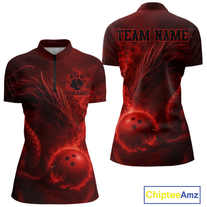 Red Flame Dragon Bowling Polo, 1/4 Zip Shirts For Women Custom Name Team Bowling League Jersey NQS11092