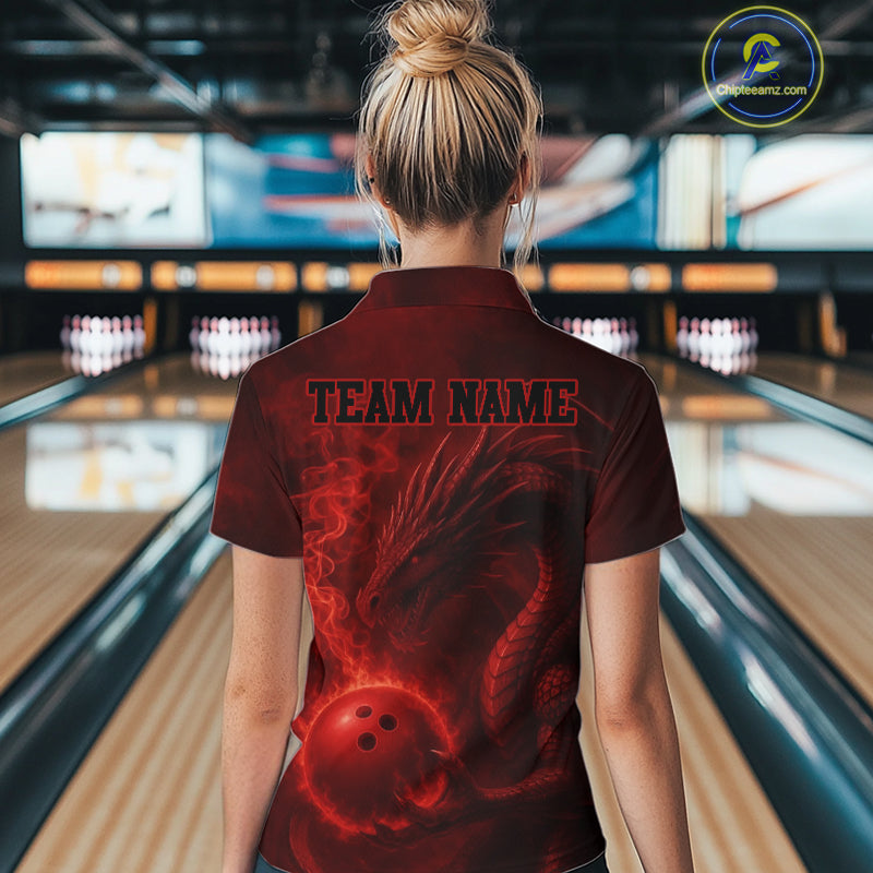 Red Flame Dragon Bowling Polo, 1/4 Zip Shirts For Women Custom Name Team Bowling League Jersey NQS11092