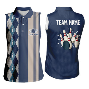 Retro Blue argyle pattern Womens Sleeveless Polo Shirt custom bowling team jersey Ladies Bowler Outfit NQS9411