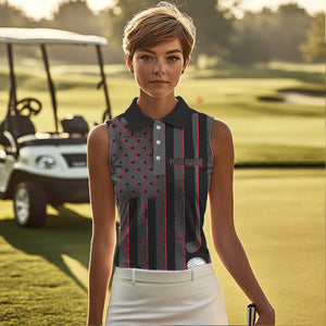 Black and Red American flag Women sleeveless polo shirt Customize patriotic golf shirt for ladies NQS9413