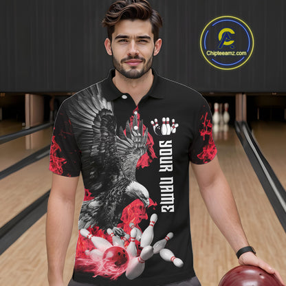 Custom Red Flame Black Eagle Bowling Polo, Quarter Zip Shirt For Men, Team Bowling Clothes NQS11500