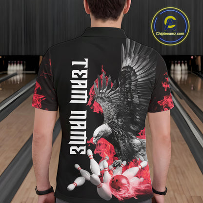 Custom Red Flame Black Eagle Bowling Polo, Quarter Zip Shirt For Men, Team Bowling Clothes NQS11500