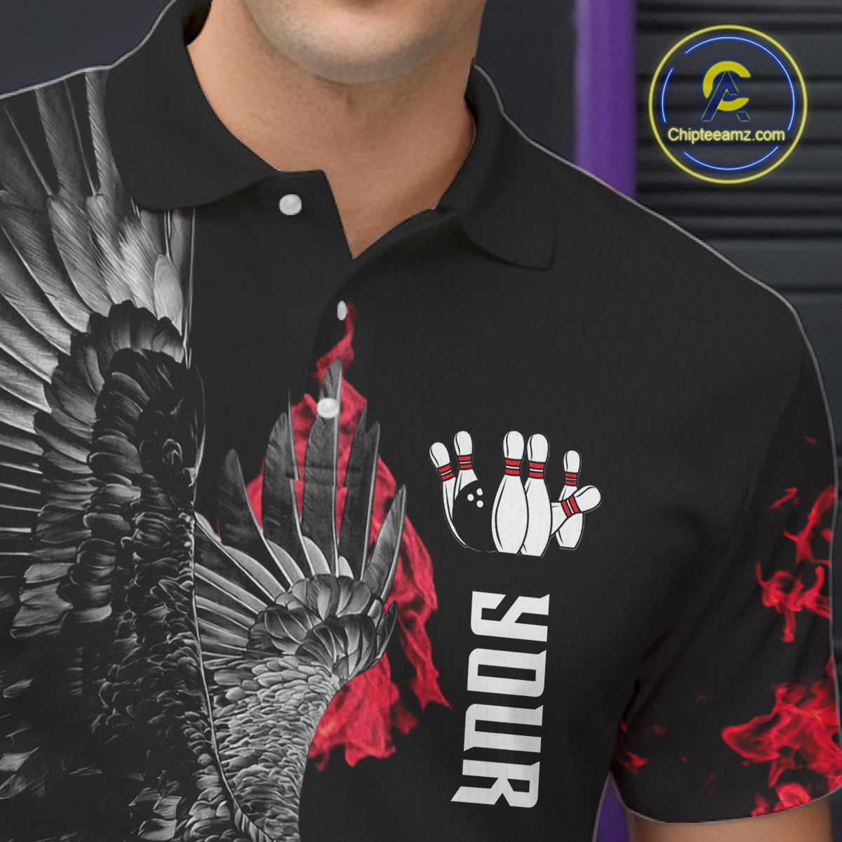 Custom Red Flame Black Eagle Bowling Polo, Quarter Zip Shirt For Men, Team Bowling Clothes NQS11500