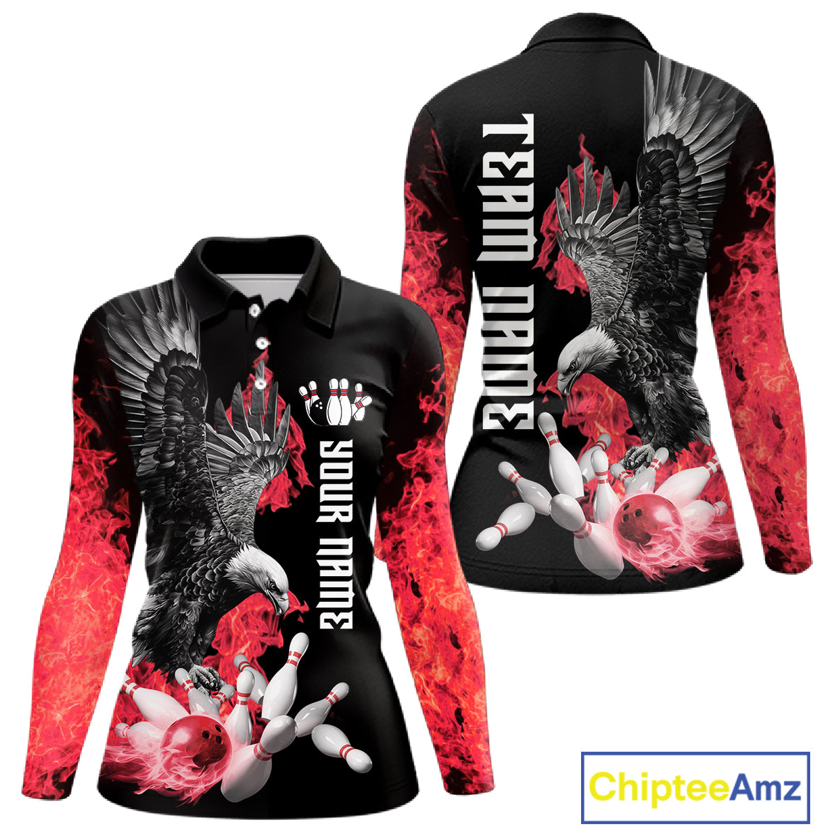 Custom Red Flame Black Eagle Bowling Polo, Quarter Zip Shirt For Women, Team Bowling Clothes NQS11500