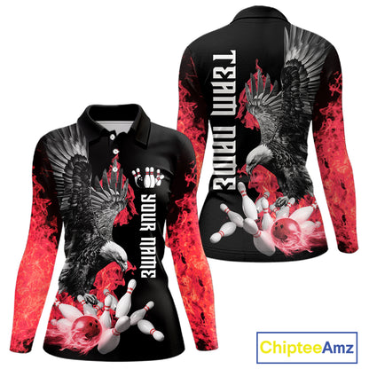 Custom Red Flame Black Eagle Bowling Polo, Quarter Zip Shirt For Women, Team Bowling Clothes NQS11500