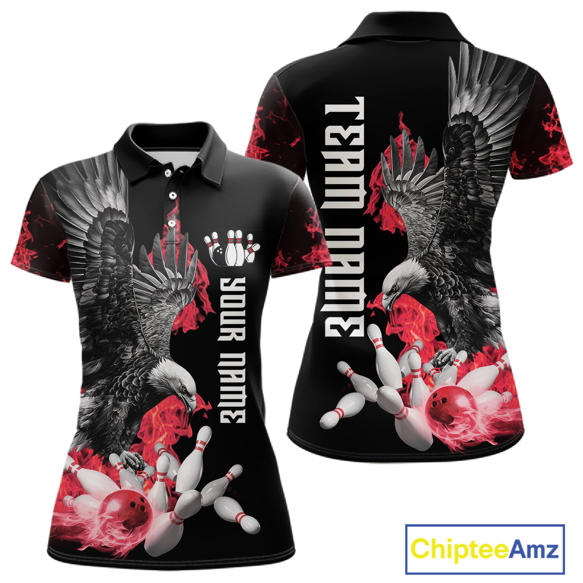 Custom Red Flame Black Eagle Bowling Polo, Quarter Zip Shirt For Women, Team Bowling Clothes NQS11500