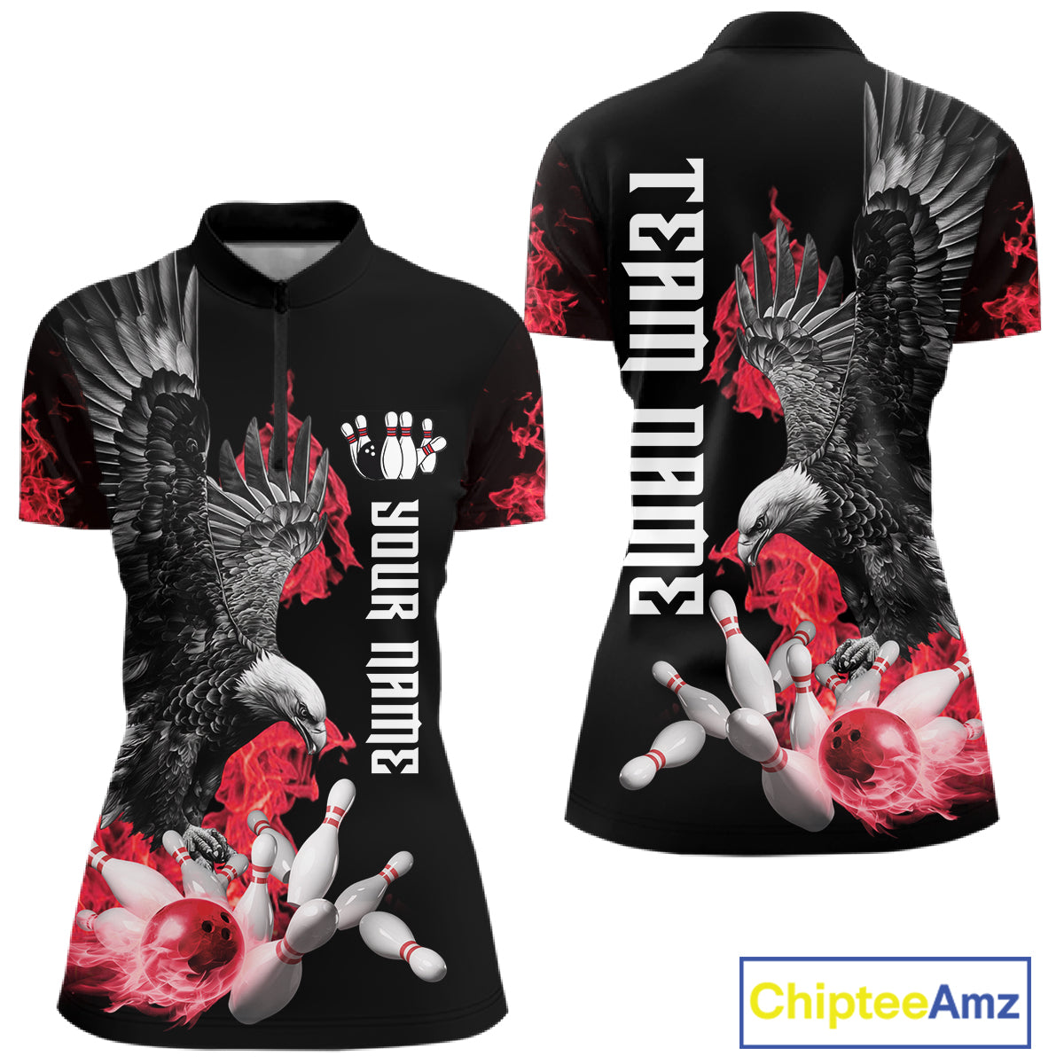 Custom Red Flame Black Eagle Bowling Polo, Quarter Zip Shirt For Women, Team Bowling Clothes NQS11500