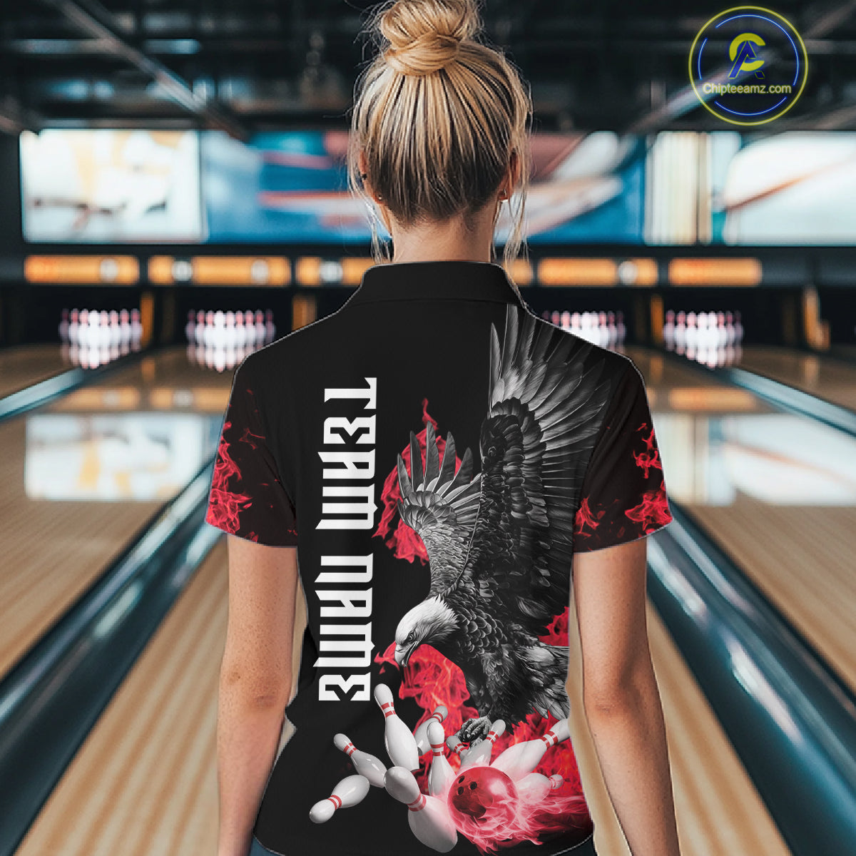Custom Red Flame Black Eagle Bowling Polo, Quarter Zip Shirt For Women, Team Bowling Clothes NQS11500