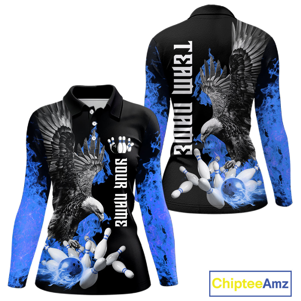 Custom Blue Flame Black Eagle Bowling Polo, Quarter Zip Shirt For Women, Team Bowling Clothes NQS11501