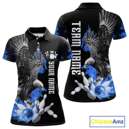 Custom Blue Flame Black Eagle Bowling Polo, Quarter Zip Shirt For Women, Team Bowling Clothes NQS11501