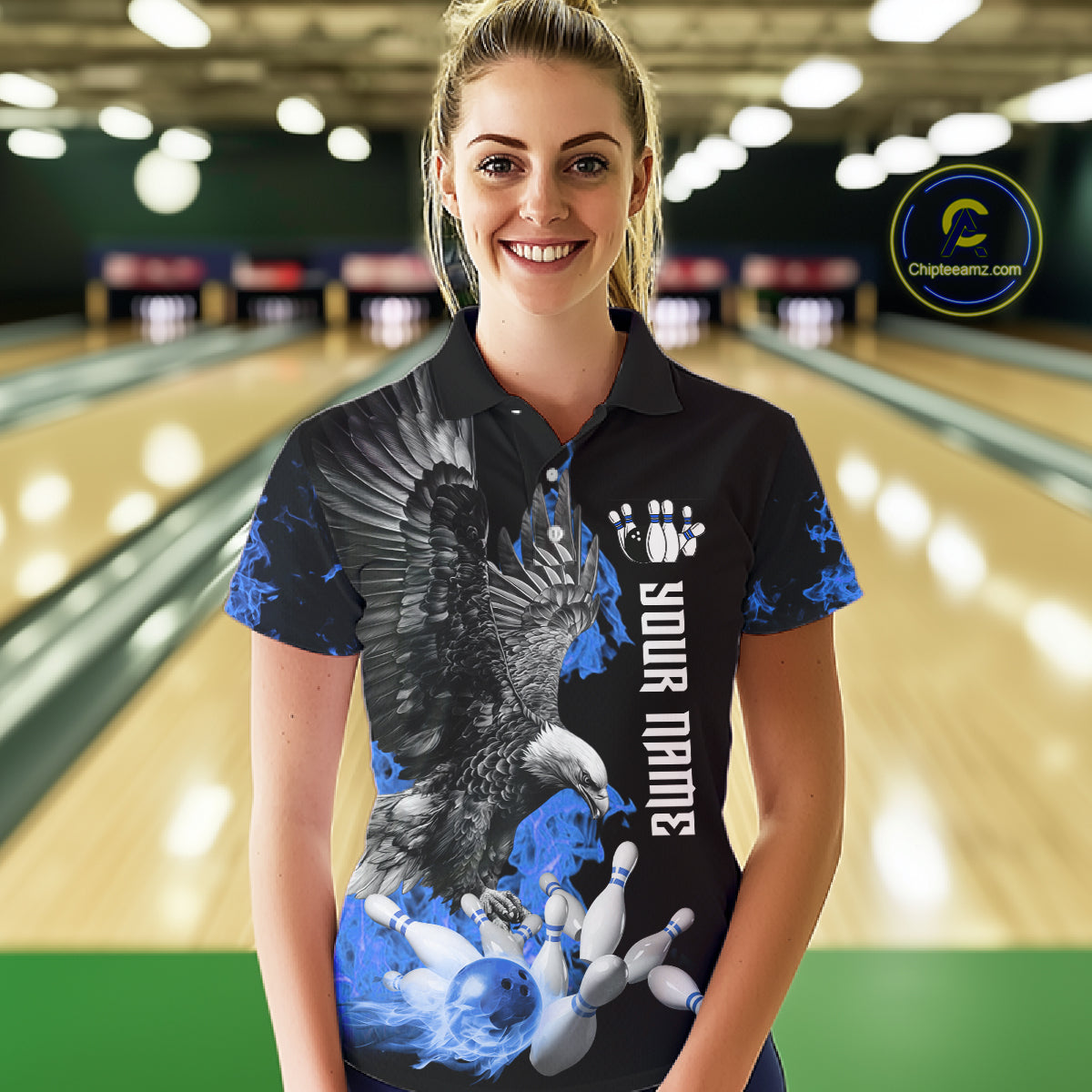 Custom Blue Flame Black Eagle Bowling Polo, Quarter Zip Shirt For Women, Team Bowling Clothes NQS11501