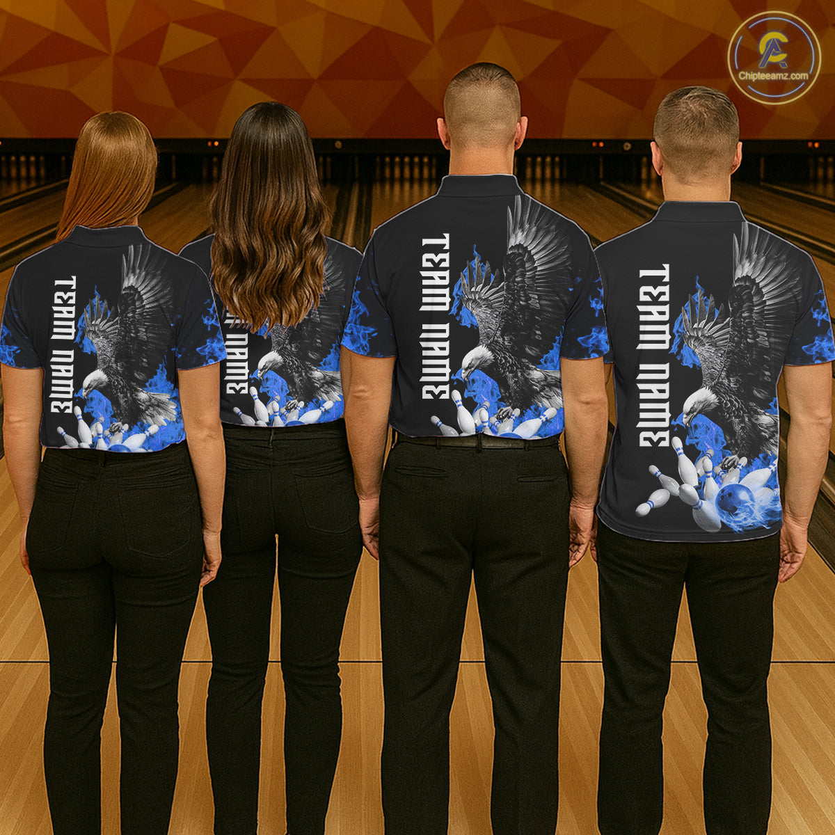 Custom Blue Flame Black Eagle Bowling Polo, Quarter Zip Shirt For Men, Team Bowling Clothes NQS11501