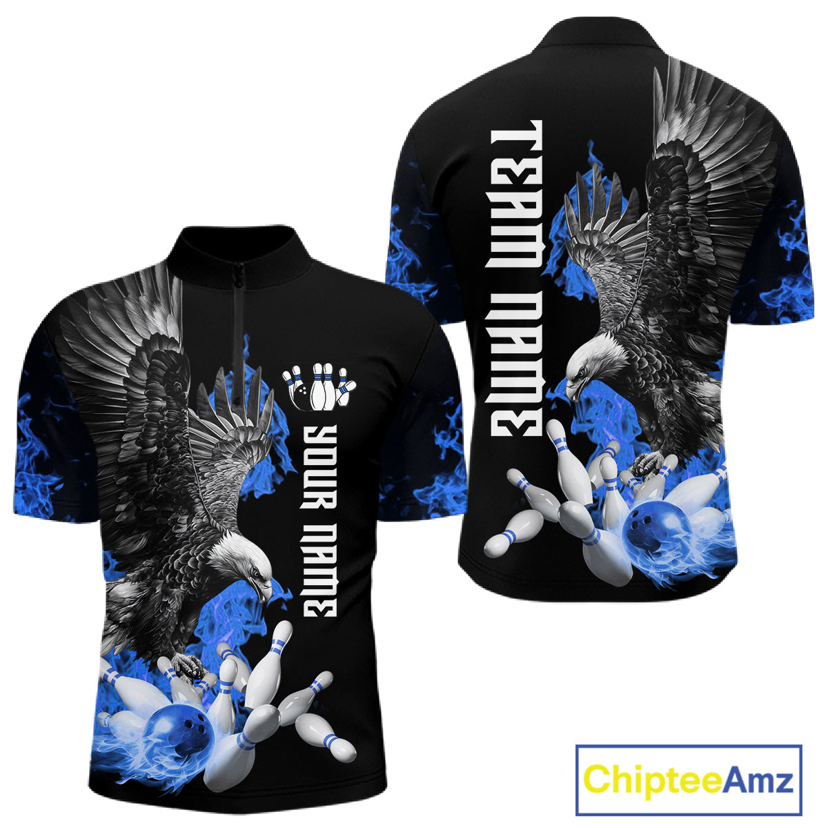 Custom Blue Flame Black Eagle Bowling Polo, Quarter Zip Shirt For Men, Team Bowling Clothes NQS11501