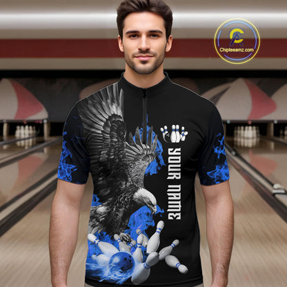 Custom Blue Flame Black Eagle Bowling Polo, Quarter Zip Shirt For Men, Team Bowling Clothes NQS11501