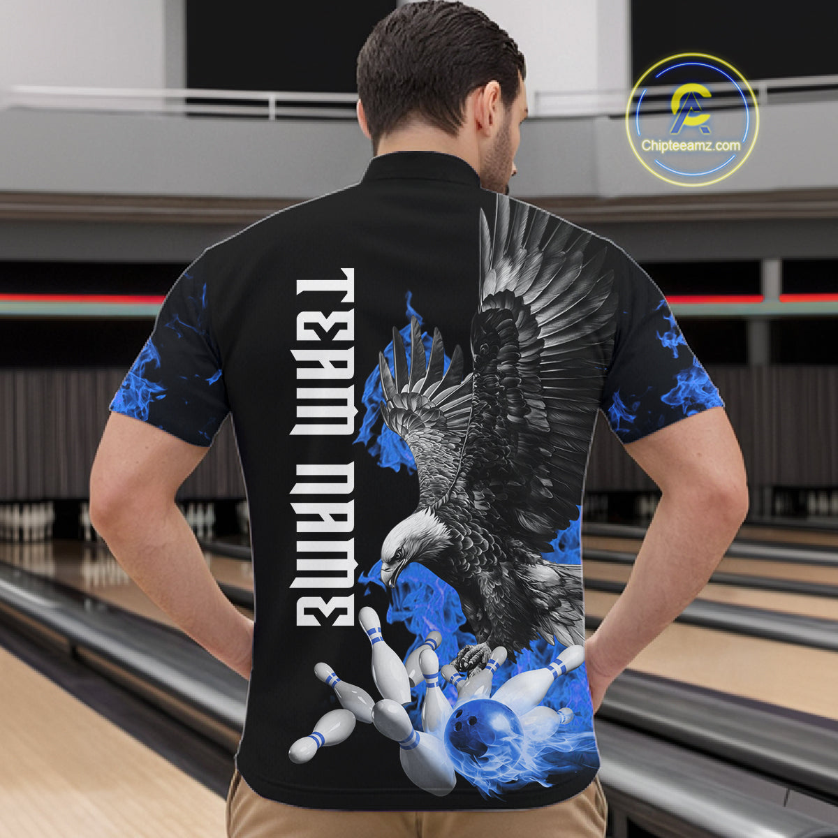 Custom Blue Flame Black Eagle Bowling Polo, Quarter Zip Shirt For Men, Team Bowling Clothes NQS11501