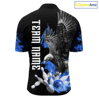 Custom Blue Flame Black Eagle Bowling Polo, Quarter Zip Shirt For Men, Team Bowling Clothes NQS11501