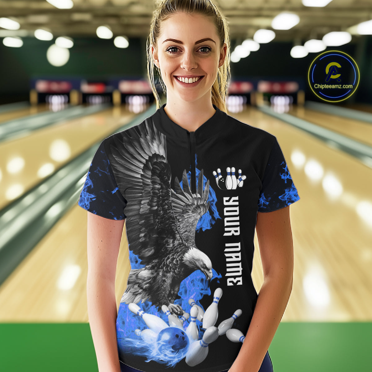 Custom Blue Flame Black Eagle Bowling Polo, Quarter Zip Shirt For Women, Team Bowling Clothes NQS11501