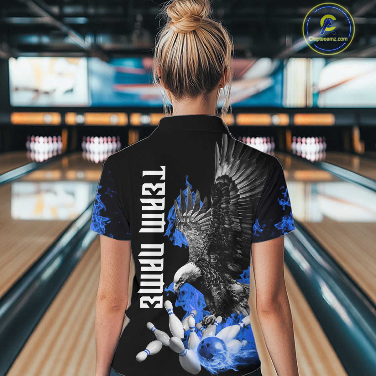 Custom Blue Flame Black Eagle Bowling Polo, Quarter Zip Shirt For Women, Team Bowling Clothes NQS11501