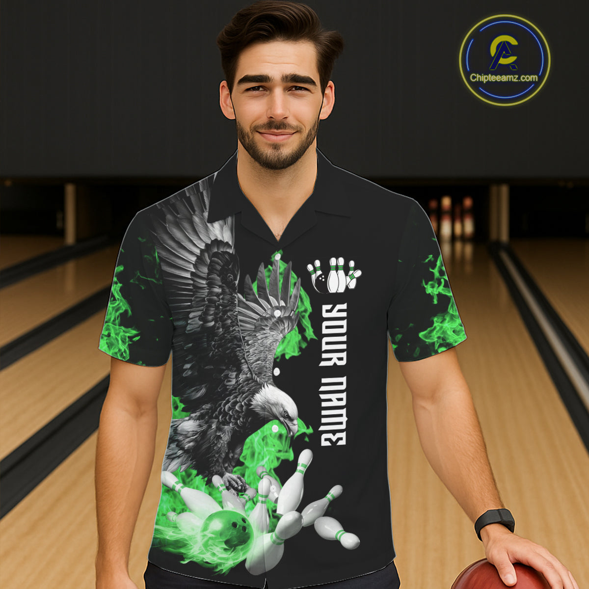 Custom Green Flame Black Eagle Bowling Hawaiian Shirt, Team Bowling Button up Clothes NQS11502