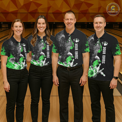 Custom Green Flame Black Eagle Bowling Polo, Quarter Zip Shirt For Men, Team Bowling Clothes NQS11502