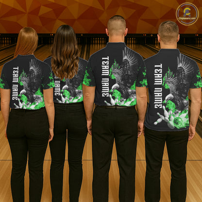 Custom Green Flame Black Eagle Bowling Polo, Quarter Zip Shirt For Men, Team Bowling Clothes NQS11502