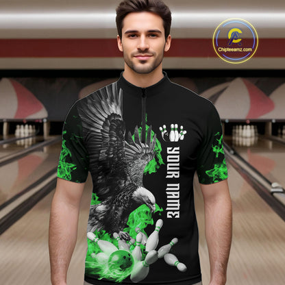 Custom Green Flame Black Eagle Bowling Polo, Quarter Zip Shirt For Men, Team Bowling Clothes NQS11502