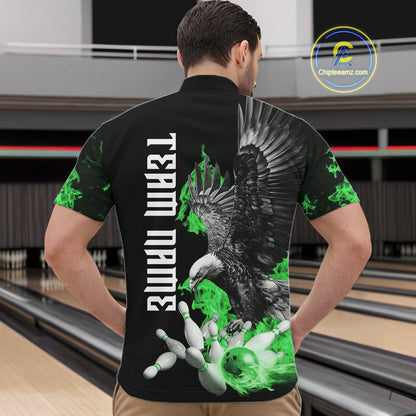 Custom Green Flame Black Eagle Bowling Polo, Quarter Zip Shirt For Men, Team Bowling Clothes NQS11502