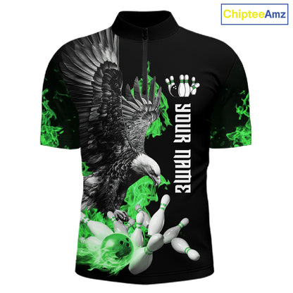Custom Green Flame Black Eagle Bowling Polo, Quarter Zip Shirt For Men, Team Bowling Clothes NQS11502