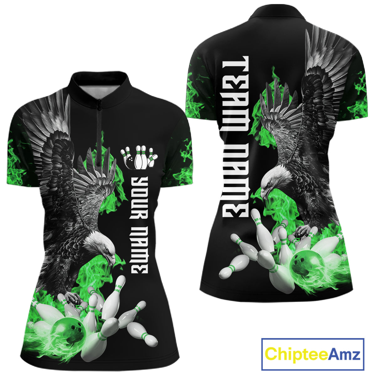Custom Green Flame Black Eagle Bowling Polo, Quarter Zip Shirt For Women, Team Bowling Clothes NQS11502