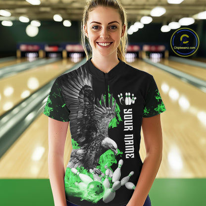 Custom Green Flame Black Eagle Bowling Polo, Quarter Zip Shirt For Women, Team Bowling Clothes NQS11502
